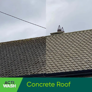 Concrete roof tiles with green algae and moss growth showing two sections of weathered gray-green tiled roofing under cloudy sky with Actiwash branding and product name displayed