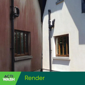 Before and after comparison of rendered building facades showing red-brown weathered render on left building and clean white render on right building, demonstrating algae and mould removal results with Actiwash Pro Biocide product