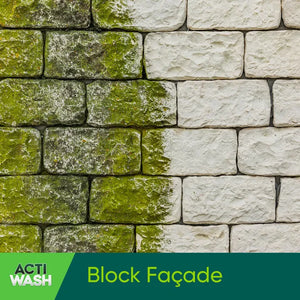 Stone block facade showing left side covered in green moss and algae with right side clean white blocks, demonstrating before and after effect of Actiwash Pro Biocide cleaning product