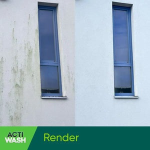Before and after comparison of white rendered building facade with two tall blue windows, left side showing green mold and algae stains, right side clean after treatment with Actiwash biocide cleaner