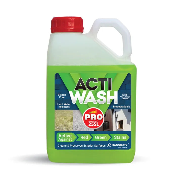 Large plastic container of Actiwash Pro green algae and mould remover with red cap, 255 litre capacity, showing product label with cleaning solution active against red and green stains