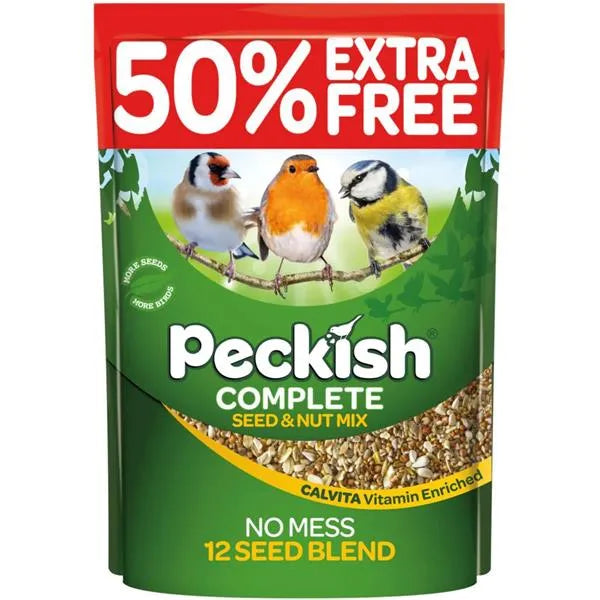 Peckish Complete Seed and Nut Mix bird food 3kg bag with 50% extra free offer, featuring three garden birds on a branch against green background with red promotional banner