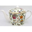 William Kilburn fine bone china teapot with cream background and multicolored botanical floral design featuring roses, berries and green foliage with gold trim and white finial lid