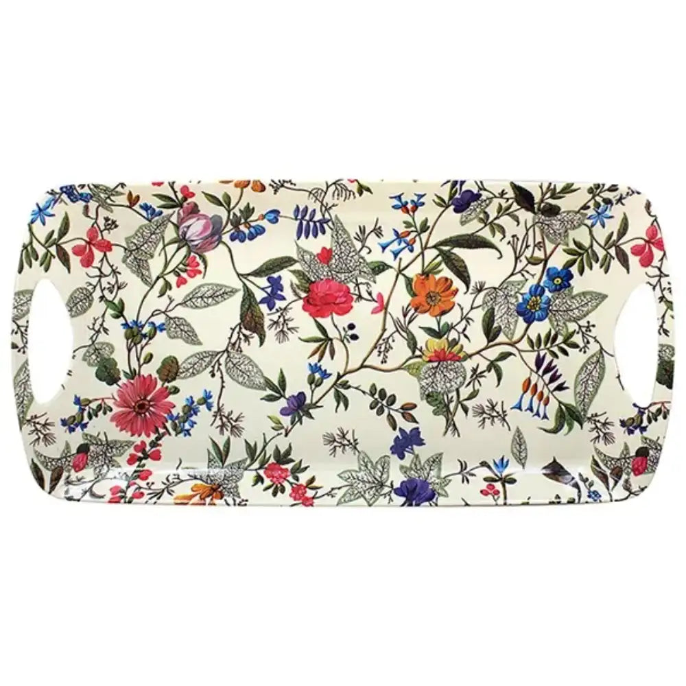 William Kilburn Medium Serving Tray with Handles featuring a cream background with a vibrant botanical floral pattern including pink roses, blue flowers, orange blooms, purple petals and green foliage in a classic vintage garden design