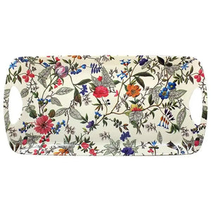 William Kilburn Medium Serving Tray with Handles featuring a cream background with a vibrant botanical floral pattern including pink roses, blue flowers, orange blooms, purple petals and green foliage in a classic vintage garden design