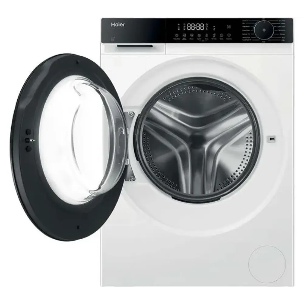 Haier X Series 5 white front-load washing machine with black trim and door open showing stainless steel drum, digital display panel and control dial visible at top