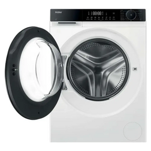 Haier X Series 5 white front-load washing machine with black trim and door open showing stainless steel drum, digital display panel and control dial visible at top