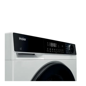 Haier X Series 5 white front-load washing machine with 9kg capacity, 1400 spin speed, featuring a black digital display panel with touch controls and a large circular black door