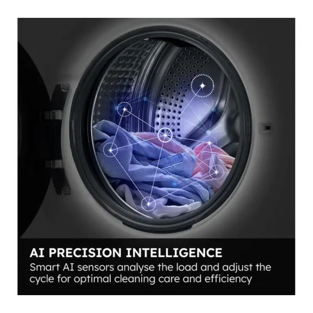 Close-up view of Haier washing machine drum showing AI Precision Intelligence feature with blue and red clothing inside, overlaid with white dotted sensor points and connection lines demonstrating smart load analysis technology for optimal cleaning and efficiency