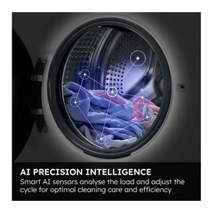 Close-up view of Haier washing machine drum showing AI Precision Intelligence feature with blue and red clothing inside, overlaid with white dotted sensor points and connection lines demonstrating smart load analysis technology for optimal cleaning and efficiency