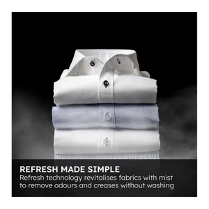 Stack of folded white and light blue dress shirts with refresh technology feature demonstration showing mist spray revitalization for fabric care without washing