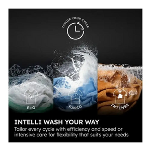 Product infographic for Haier X Series 5 washing machine showing three wash cycles - Eco, Rapid, and Intense - with a clock icon labeled "Tailor your cycle" at the top. Images display water splashing over green, blue, and brown textured backgrounds representing each cycle type, with white text describing intelligent wash customization options on black background