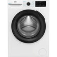 Beko 12kg 1400 spin washing machine in white with black trim, featuring a large circular black rubber door seal, digital display panel with control knob and buttons, and Energy Spin technology label on upper left