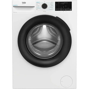 Beko 12kg 1400 spin washing machine in white with black trim, featuring a large circular black rubber door seal, digital display panel with control knob and buttons, and Energy Spin technology label on upper left