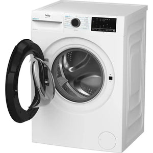 Beko white front-load washing machine with 12kg capacity and 1400 spin speed, featuring open black door and digital display panel, model BM3WT1241IW