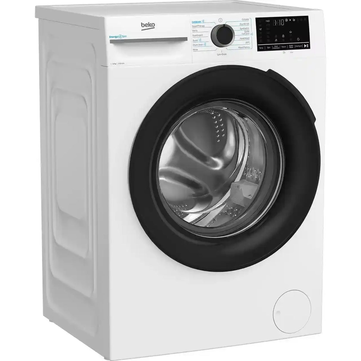 Beko 12kg 1400 spin washing machine in white with black rubber door seal and digital control panel featuring energy rating display