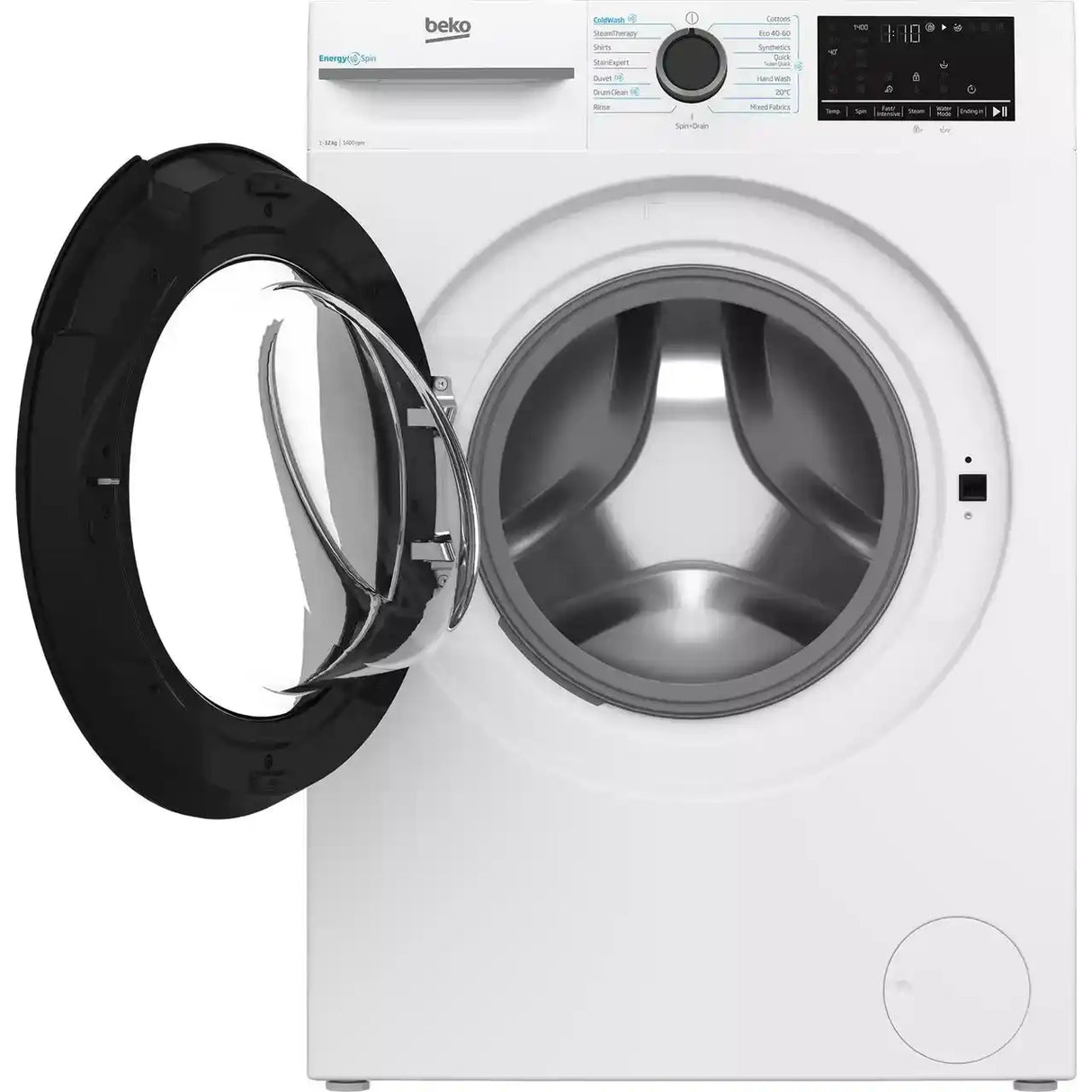 Beko BM3WT1241IW white front-load washing machine with open black door displaying stainless steel drum, showing control panel with dial and digital display, 12kg capacity 1400 spin speed
