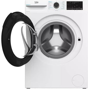 Beko BM3WT1241IW white front-load washing machine with open black door displaying stainless steel drum, showing control panel with dial and digital display, 12kg capacity 1400 spin speed