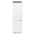 White integrated built-in no frost fridge freezer with black digital control panel at top, 70/30 split design with upper fridge and lower freezer compartments, seamless flush-fit kitchen appliance by Belling