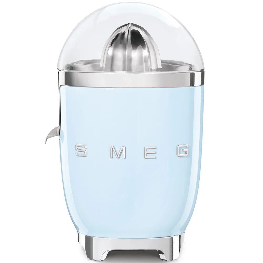 Smeg 50's retro style electric citrus juicer in pastel blue with stainless steel accents, featuring clear dome top and chrome ribbed cone, front view on white background