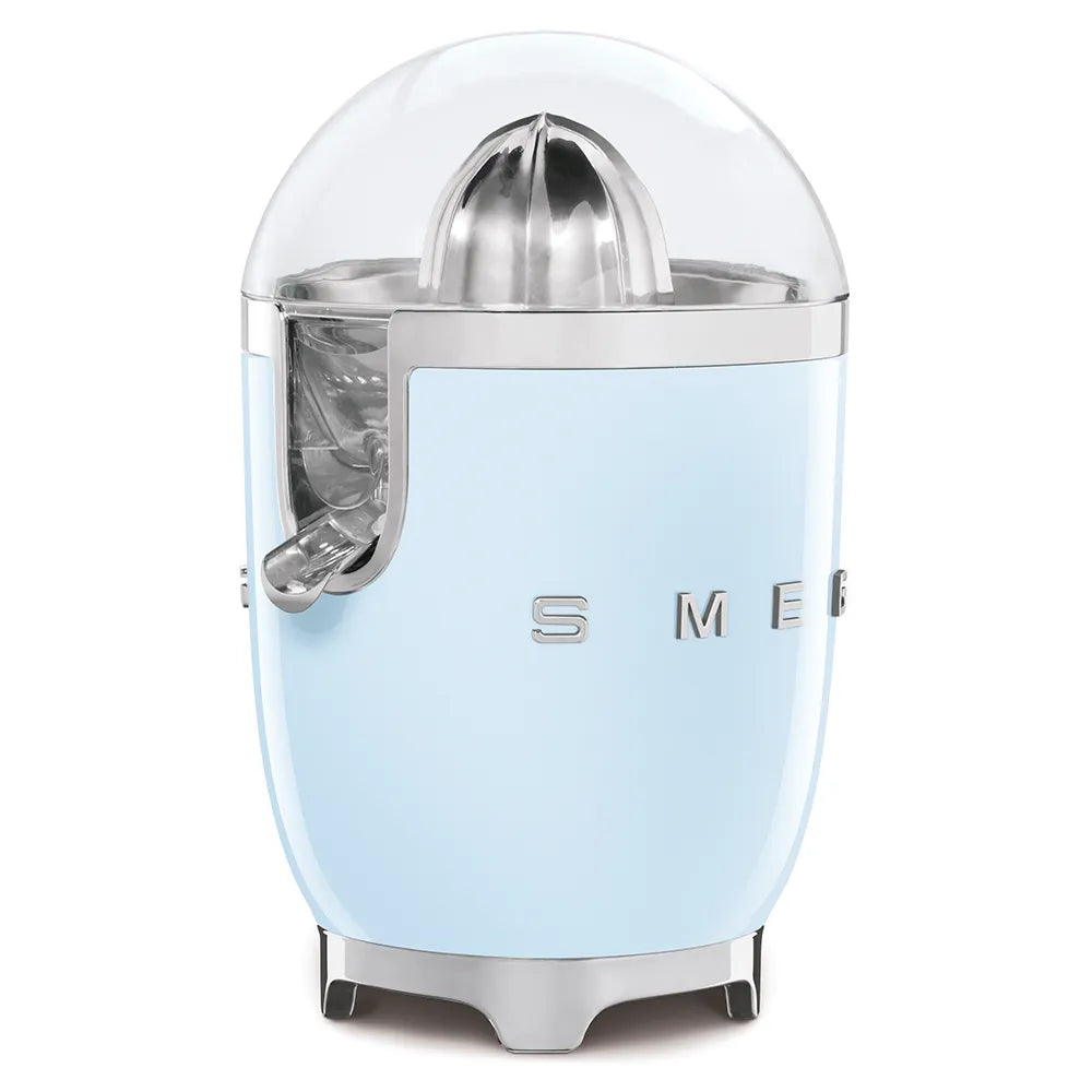 Smeg 50s retro style pastel blue electric citrus juicer with stainless steel dome top and chrome accents on white background