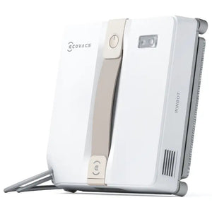 Ecovacs Winbot Mini beige and white robotic window vacuum cleaner with digital display and control panel, shown from angled side view