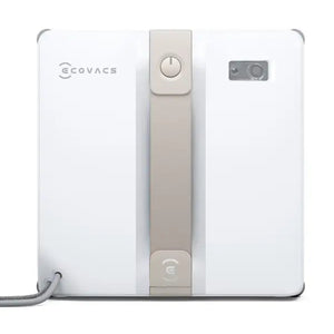 Ecovacs Winbot Mini beige and white robotic window vacuum cleaner shown from front view with control dial and branding visible