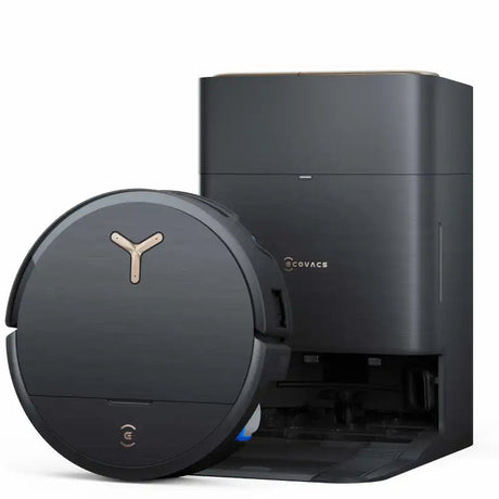 Ecovacs Deebot X9 Pro Omni black robot vacuum with circular design and Y-shaped logo next to its black docking station with blue accent strip