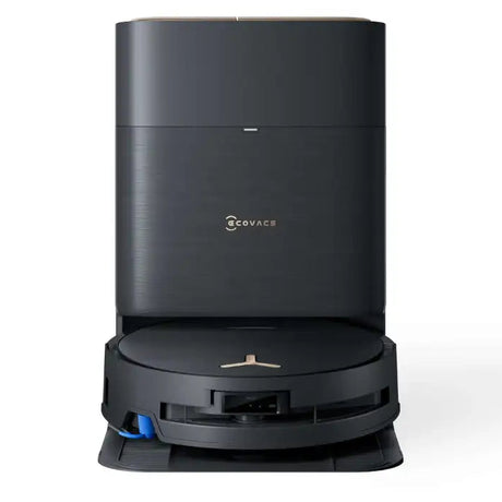 Ecovacs Deebot X9 Pro Omni robot vacuum in black with dust collection base station, featuring circular disc design and blue accent detail on charging dock