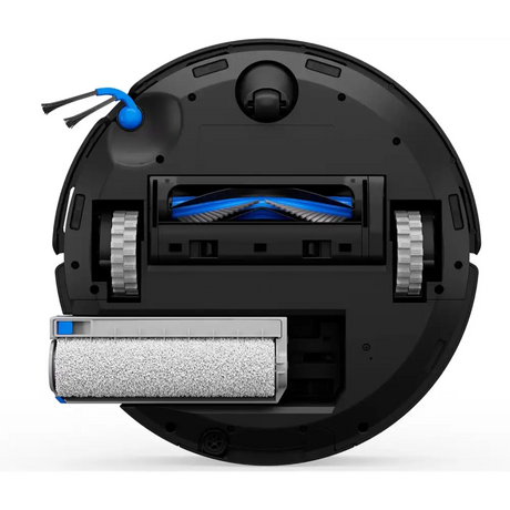 Bottom view of Ecovacs Deebot T80 Omni robot vacuum in black showing internal components including blue brushes, mesh filters on sides, central cleaning roller with blue accents, and detachable water tank with microfiber pad attachment