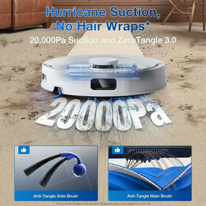 White Ecovacs Deebot T30C Pro robot vacuum on sandy floor demonstrating hurricane suction with 20,000Pa and ZeroTangle 3.0 technology, featuring anti-tangle side and main brushes designed to prevent hair wrapping
