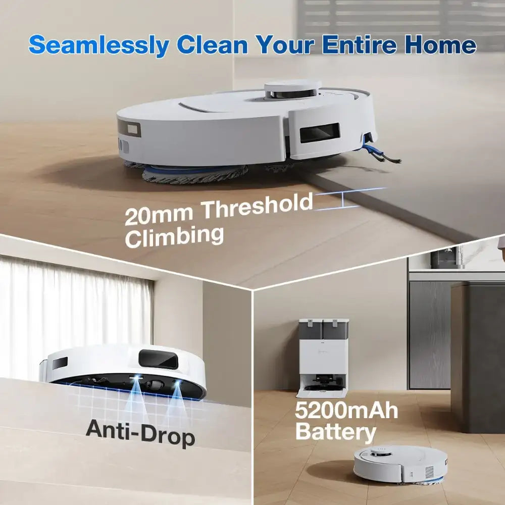 Ecovacs Deebot T30C Pro white robot vacuum showcasing key features including 20mm threshold climbing capability, anti-drop detection, 5200mAh battery, and seamless home cleaning on wooden floor with docking station shown in multiple views