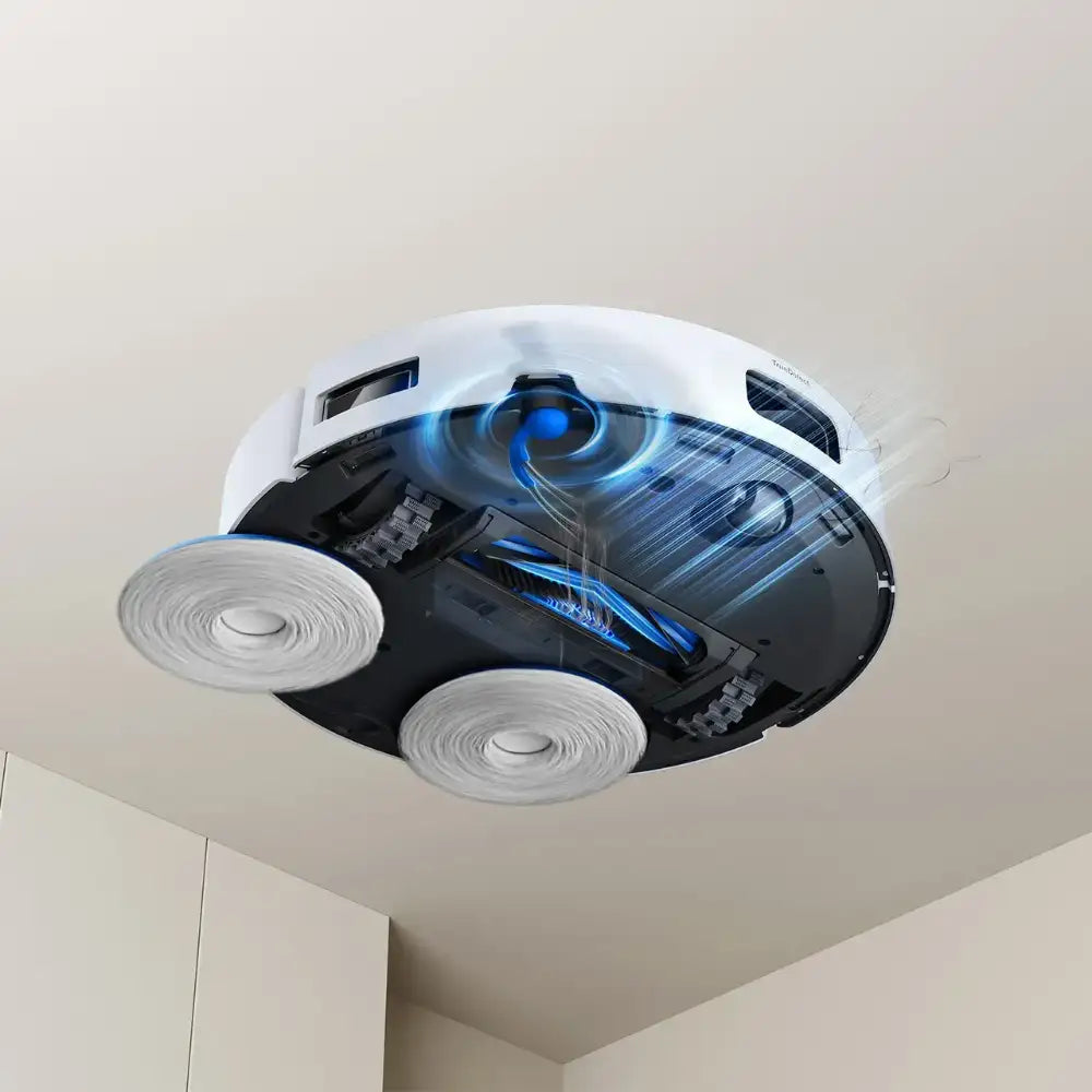 Ecovacs Deebot T30C Pro robot vacuum mounted on ceiling showing white top cover, black underside with blue LED indicators and dual circular brush attachments, demonstrating suction and cleaning technology