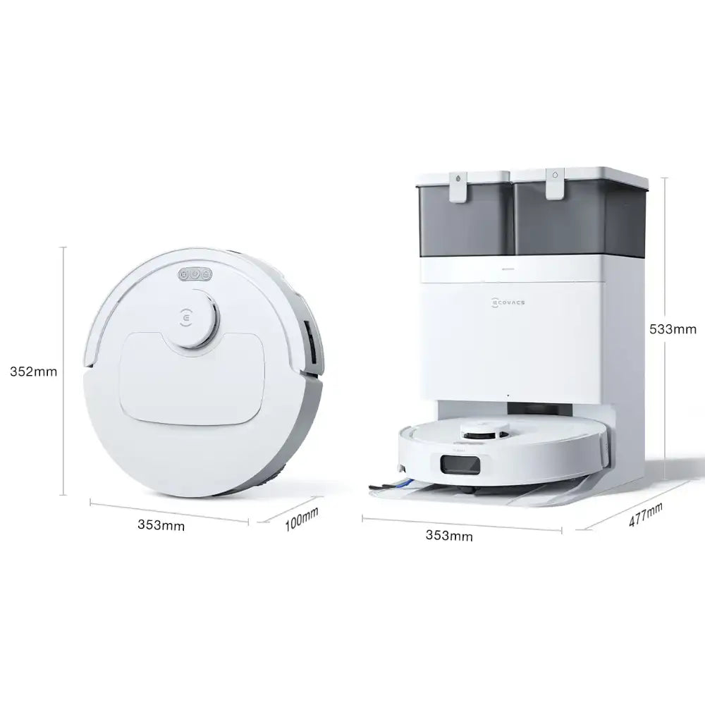 Ecovacs Deebot T30C Pro robot vacuum with white and gray circular disc unit on left showing 352mm height and 353mm x 100mm dimensions, and white docking station with dual dust bins on right showing 533mm height and 353mm x 477mm base dimensions
