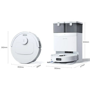 Ecovacs Deebot T30C Pro robot vacuum with white and gray circular disc unit on left showing 352mm height and 353mm x 100mm dimensions, and white docking station with dual dust bins on right showing 533mm height and 353mm x 477mm base dimensions