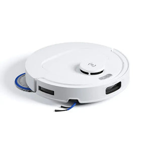 Ecovacs Deebot T30C Pro white robot vacuum with circular disc design, featuring blue brush attachment on left side, black sensor vents on top, control buttons on right edge, and blue charging cable visible underneath against white background