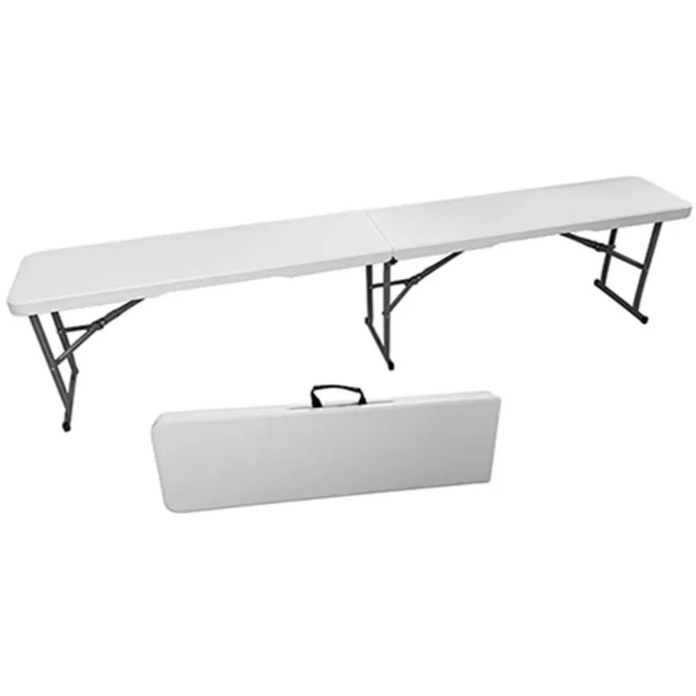 White plastic folding bench 1.8 metre with black metal frame legs shown open and closed in carrying case