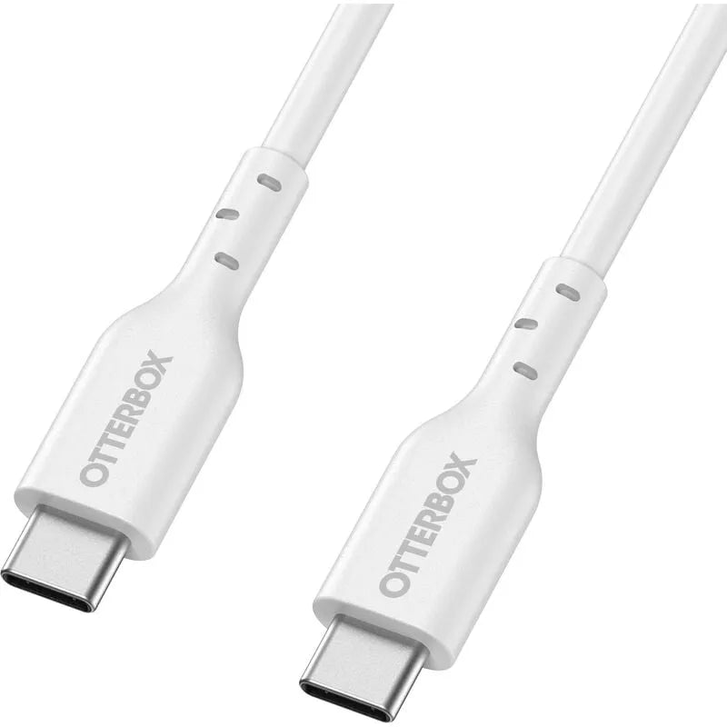 OtterBox USB-C to USB-C fast charging cable in white, 1 metre length, showing both connector ends with grey accent bands on the cord