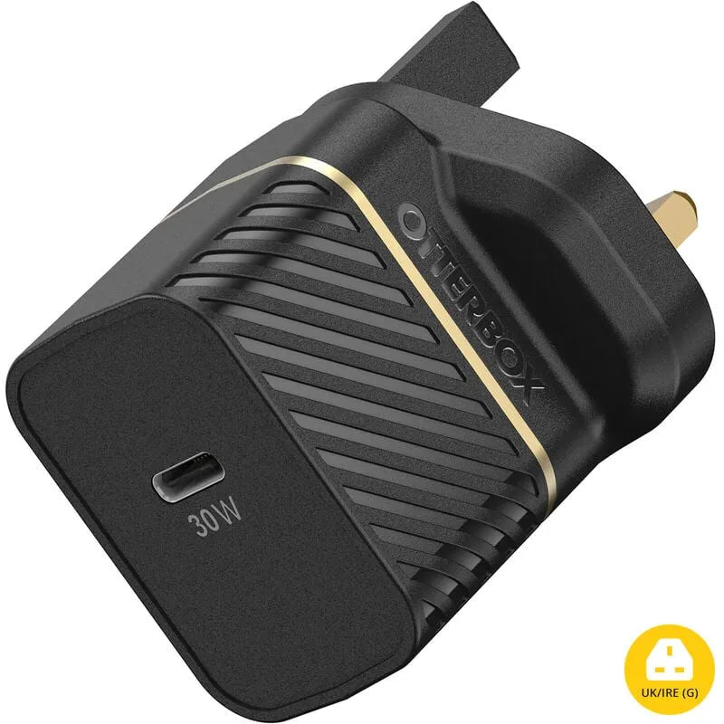 OtterBox 30W USB-C fast charge wall charger in black with gold accents, featuring ribbed design and UK/IRE plug adapter, product shot on white background