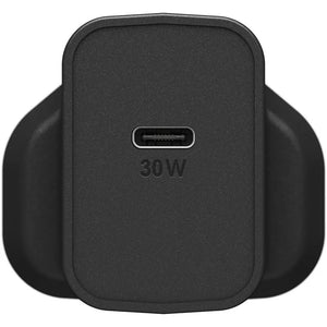 Black OtterBox USB-C 30W fast charge wall charger with rounded rectangular design and textured surface