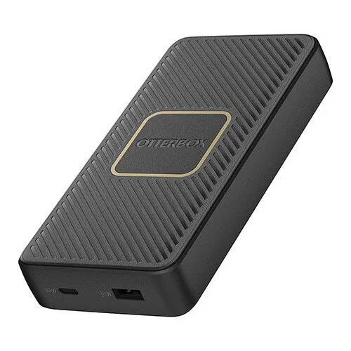 OtterBox 15000mAh black powerbank with wireless charging featuring ribbed textured top surface and gold accent logo, USB-C and USB-A ports on bottom