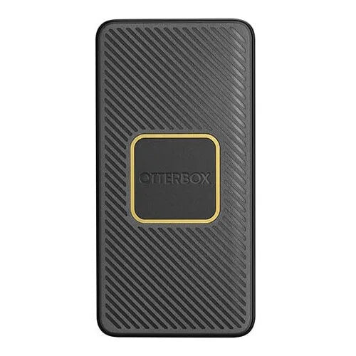 OtterBox 15000mAh wireless charging power bank in black with gold accents and diagonal stripe pattern design