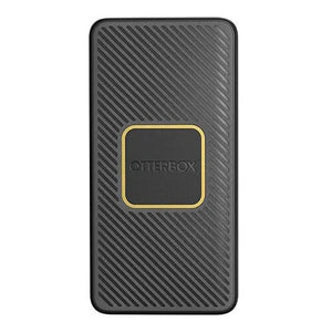 OtterBox 15000mAh wireless charging power bank in black with gold accents and diagonal stripe pattern design