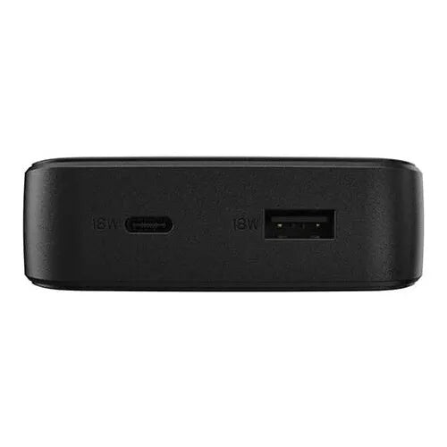 Black Otterbox 15000mAh portable power bank with USB-C and USB-A ports for wireless charging viewed from front angle