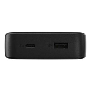 Black Otterbox 15000mAh portable power bank with USB-C and USB-A ports for wireless charging viewed from front angle