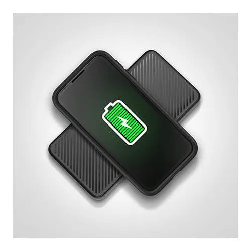 Otterbox 15000mAh portable powerbank with wireless charging in black featuring textured rubber sides, displayed at an angle with a glowing green battery icon on the front screen