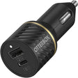 Otterbox dual port car charger with USB-C and USB-A ports, 30W total output, black with gold accent ring, cylindrical design with 12W and 18W port labels visible