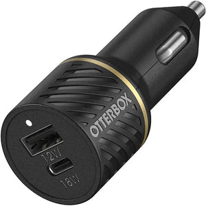 Otterbox dual port car charger with USB-C and USB-A ports, 30W total output, black with gold accent ring, cylindrical design with 12W and 18W port labels visible