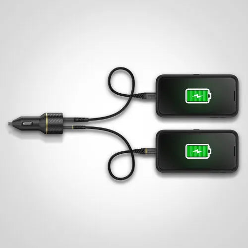 Otterbox dual port car charger in black with USB-C and USB-A ports connected to two smartphones displaying green battery icons, featuring a car cigarette lighter adapter on left side