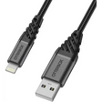 OtterBox USB-A to Lightning charging cable 1 metre with black braided nylon exterior and gunmetal grey connectors featuring protective strain relief design